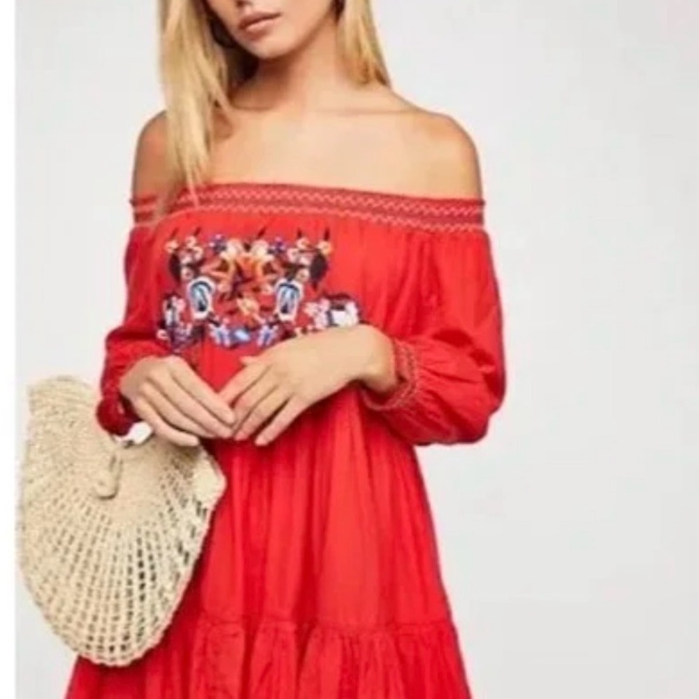 👗 Free people Sunbeams Off-The-Shoulder Boho Mini Dress Red Size XS 👗 - Picture 2 of 10